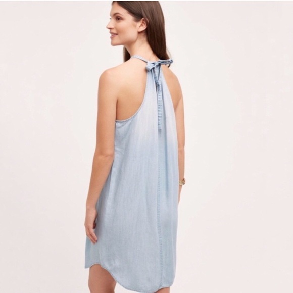 Cloth & Stone Blue Dress “High Tide” Halter Mini Anthro Light Wash Size S Petite - Picture 3 of 9